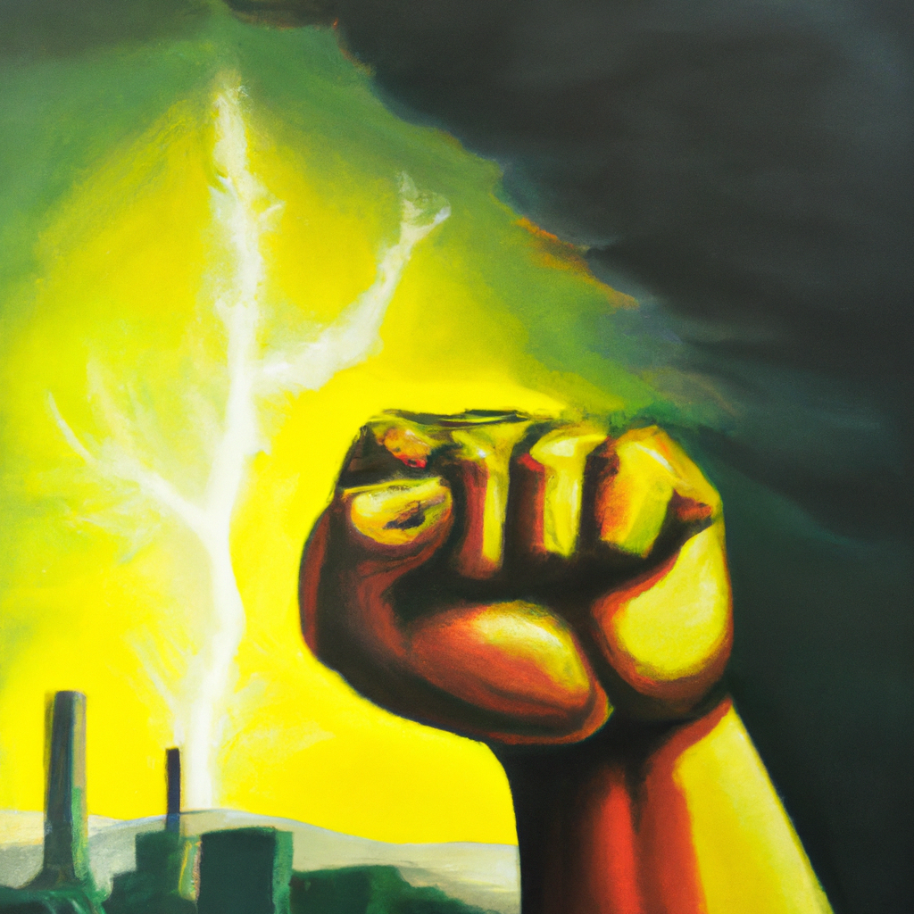 A strong arm flexing with nuclear explosion in the background. Oil Painting.