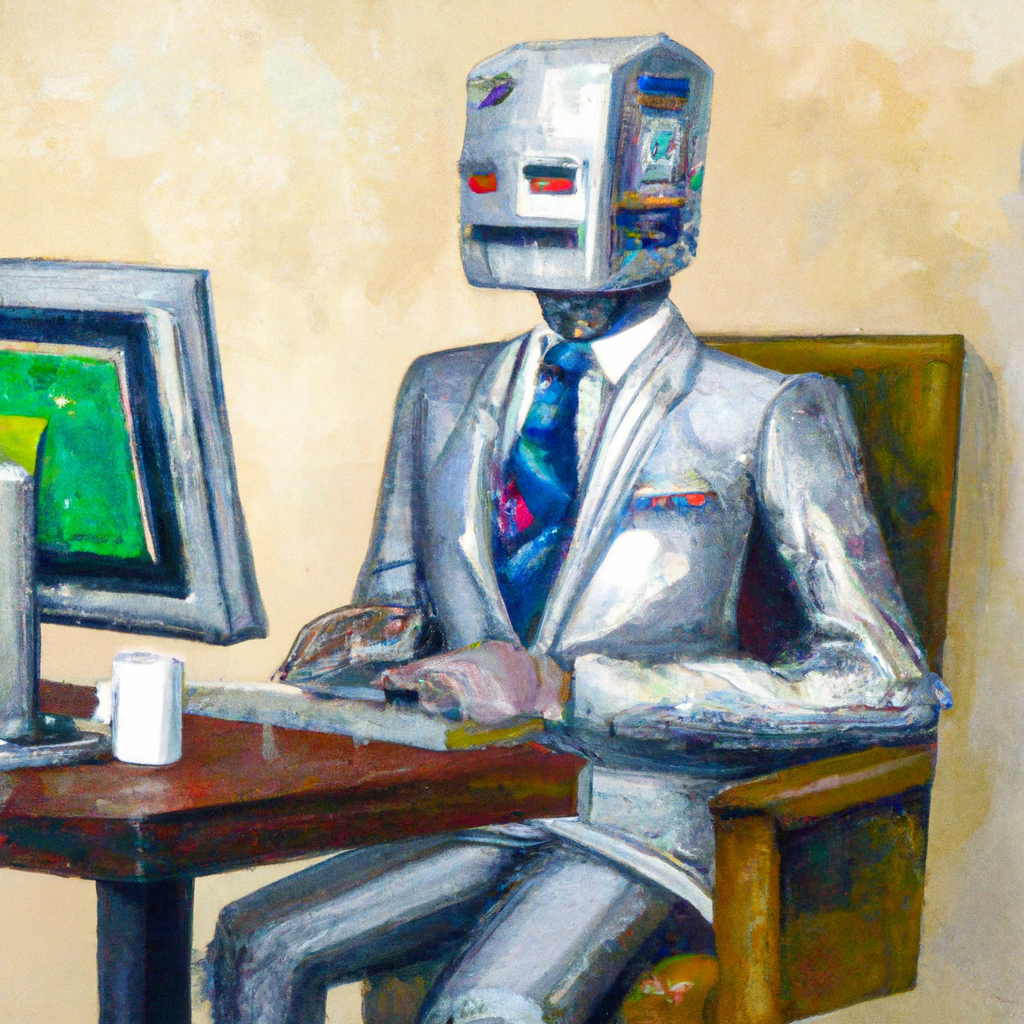 A robot in a suit working on a computer in an office. Oil Painting.