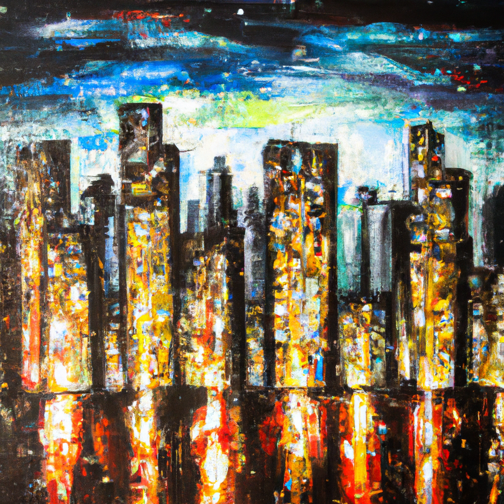 A cities skyline at night. Oil Painting.