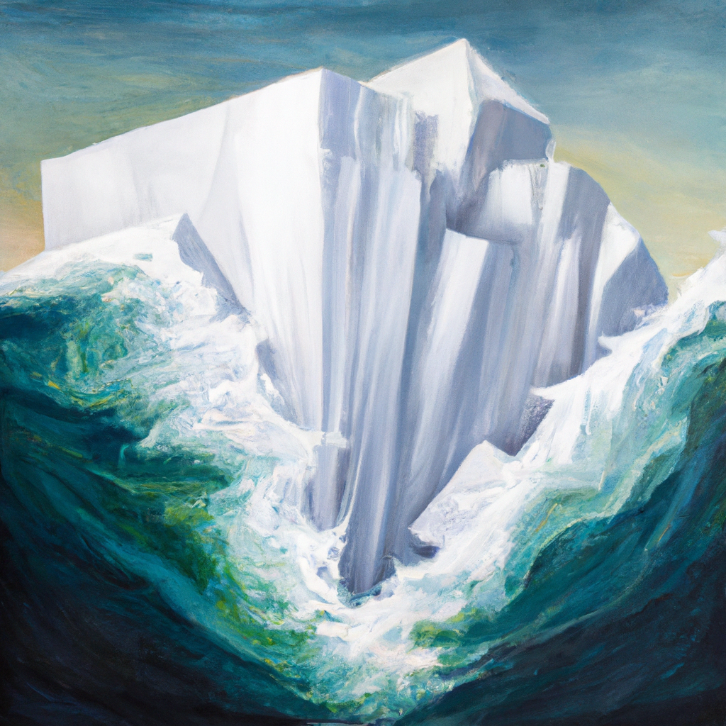A stormy ocean with an iceburg melting in the middle. Oil Painting.