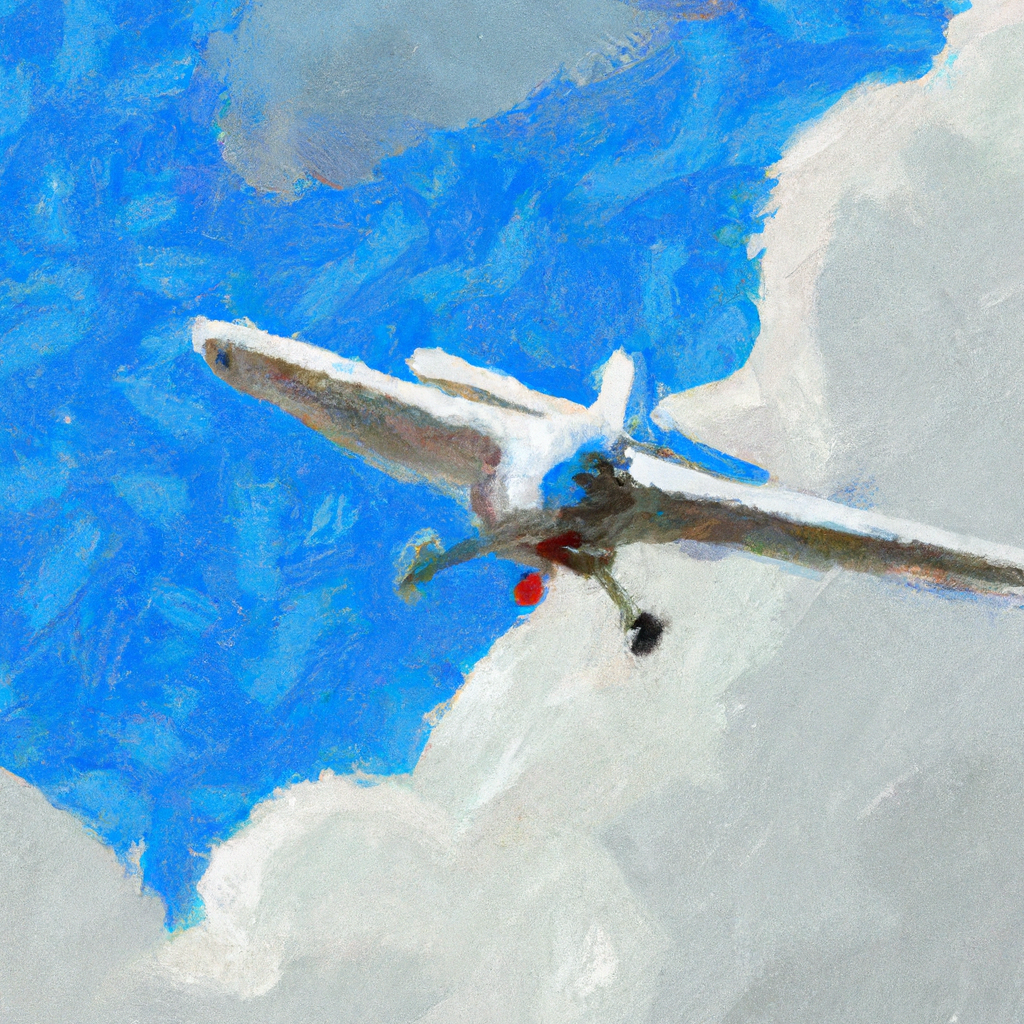 An airplane flying high in a blue sky. Oil Painting.