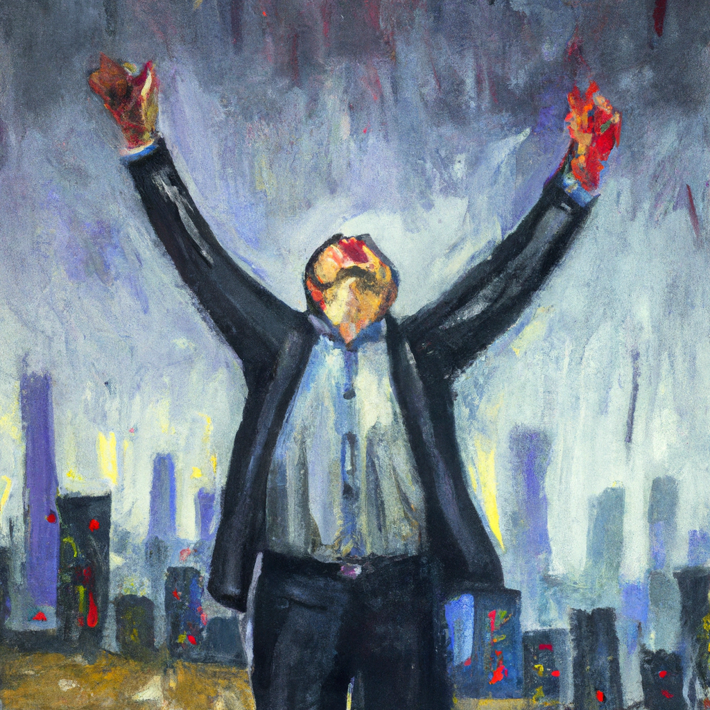 A man with his hands up in joy looking over a city at night. Oil Painting.