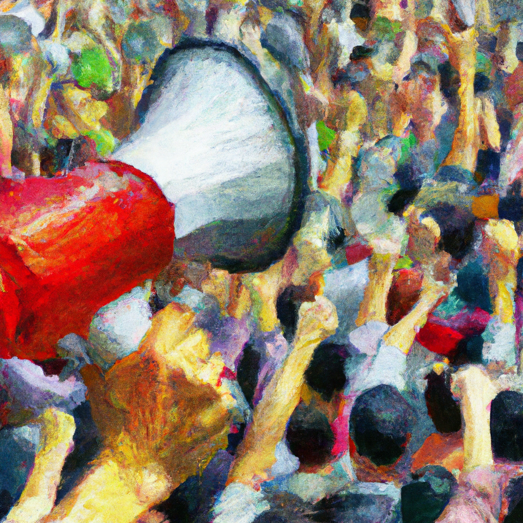 A hand holding a megaphone into a huge crowd of people. Oil Painting.