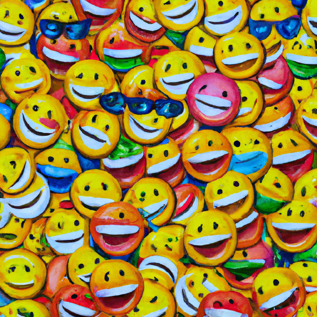Many smiling emoji faces. Oil Painting.