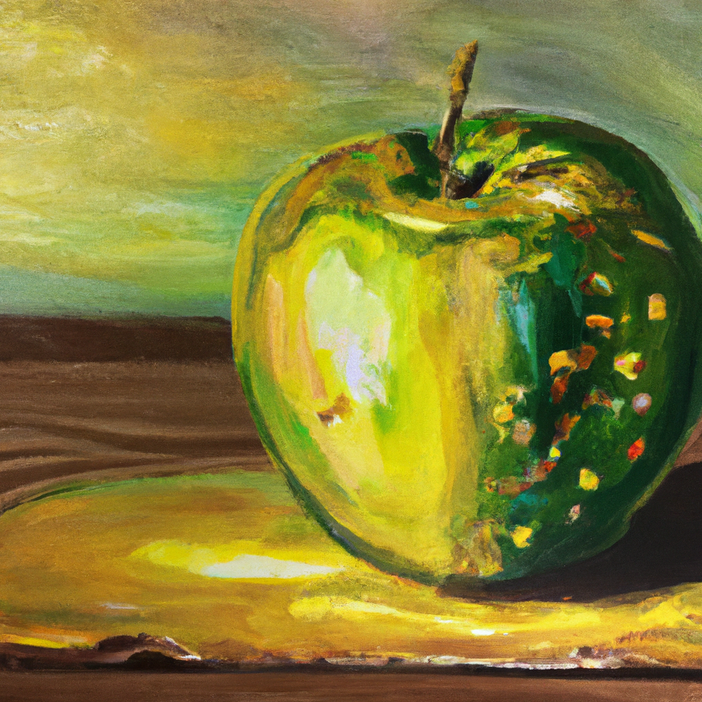 A green apple with a golden shine behind on a wooden table. Oil Painting.