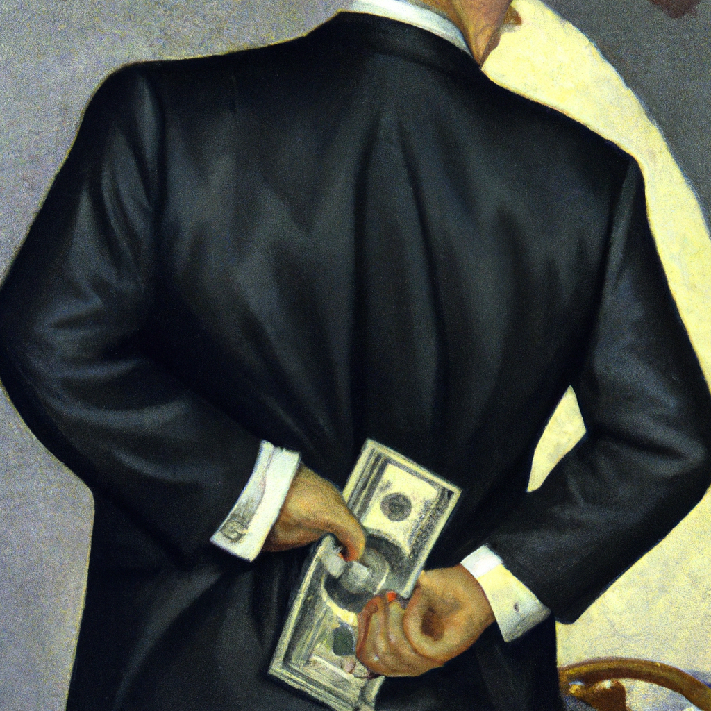 A person wearing a suit with a pale white face and an evil grin taking money out of someone's back pocket. Oil Painting.