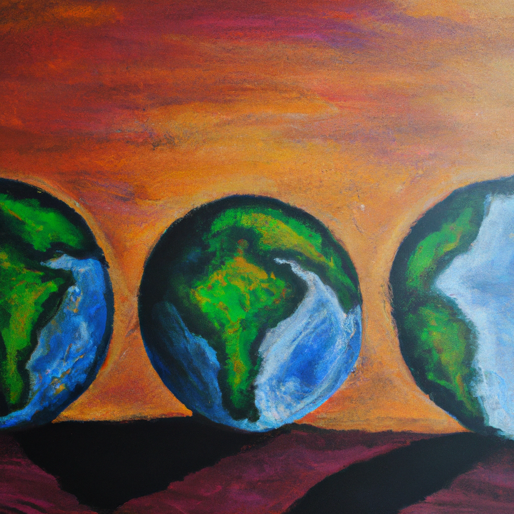 3 identical globes of the Earth, each one growing larger. Oil Painting.