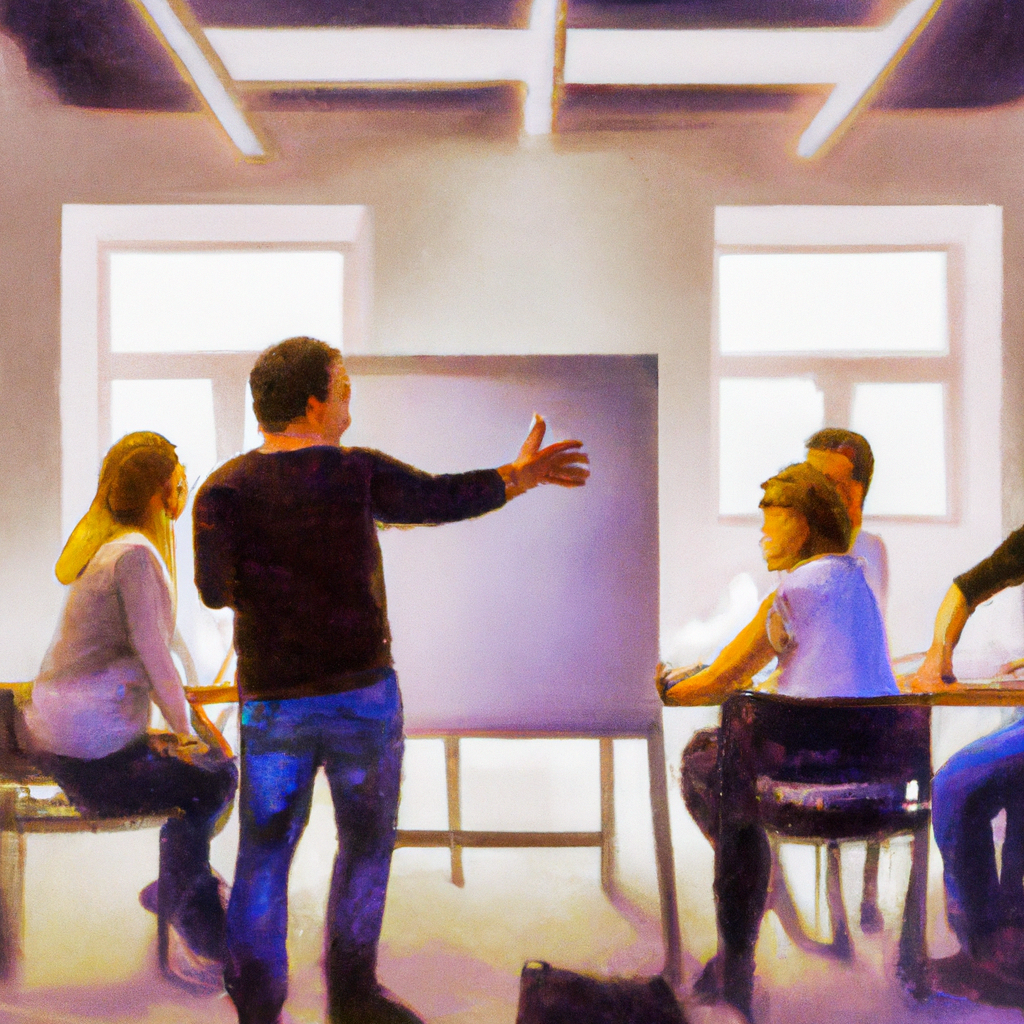 An Entrepreneur talking to a team. Oil Painting.