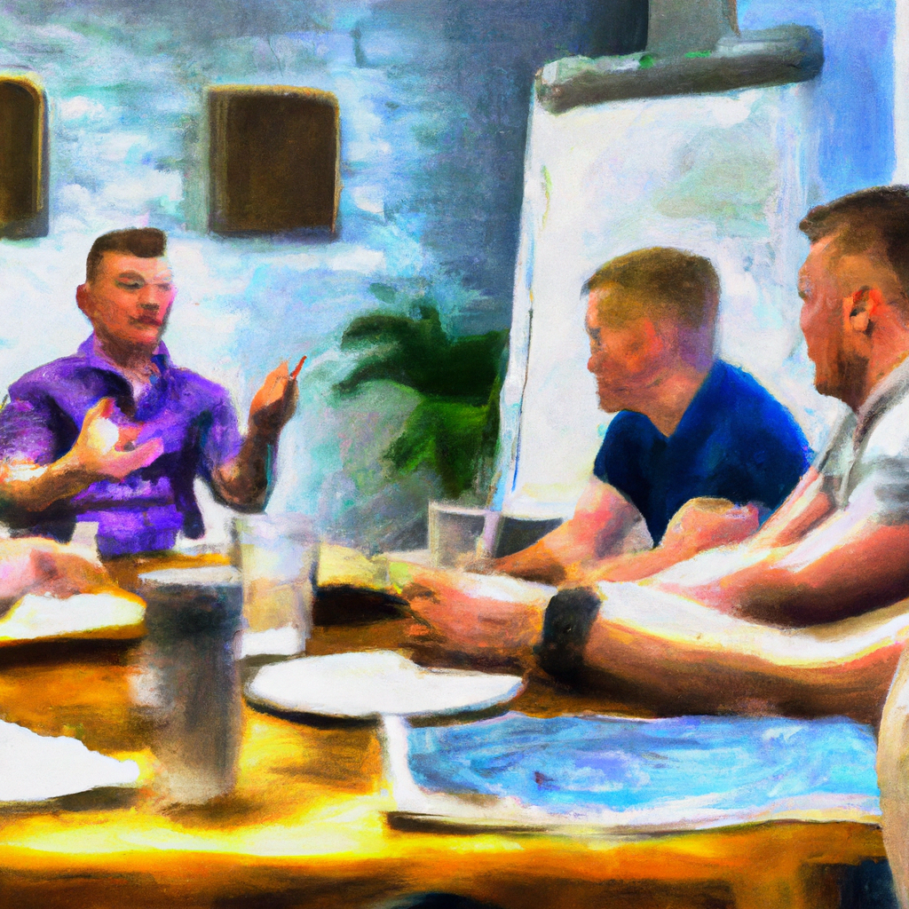 A group of people working on a startup talking around a table in front of a whiteboard. Oil Painting.